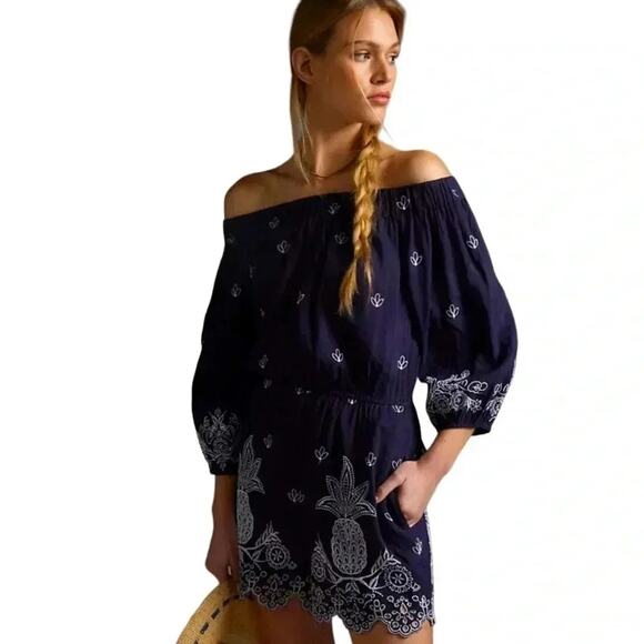 Farm Rio Embroidered Linen Romper Pineapple Anthropologie Jackie Navy Size S NWT